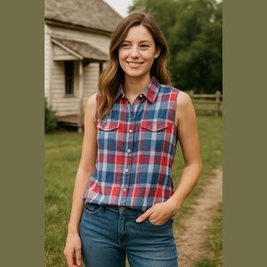 Vintage lizwear plaid picnic sleeveless blouse / L